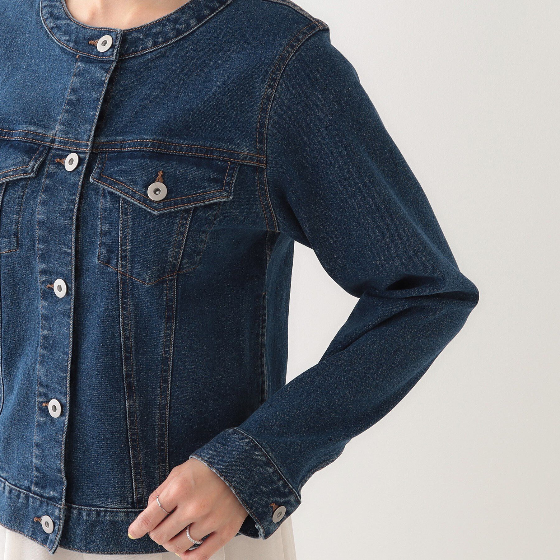 SHOO･LA･RUE「【S-LL】大人のための ノーカラーデニムジャケット」|デニムジャケット|