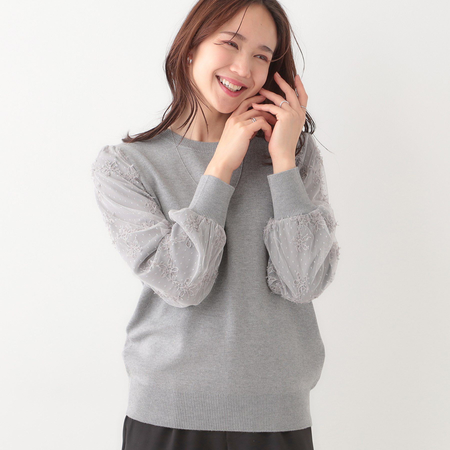 SHOO･LA･RUE「【S-LL】1枚で華やかになる お袖レースドッキングニット」|ニット・セーター|グレー(012)