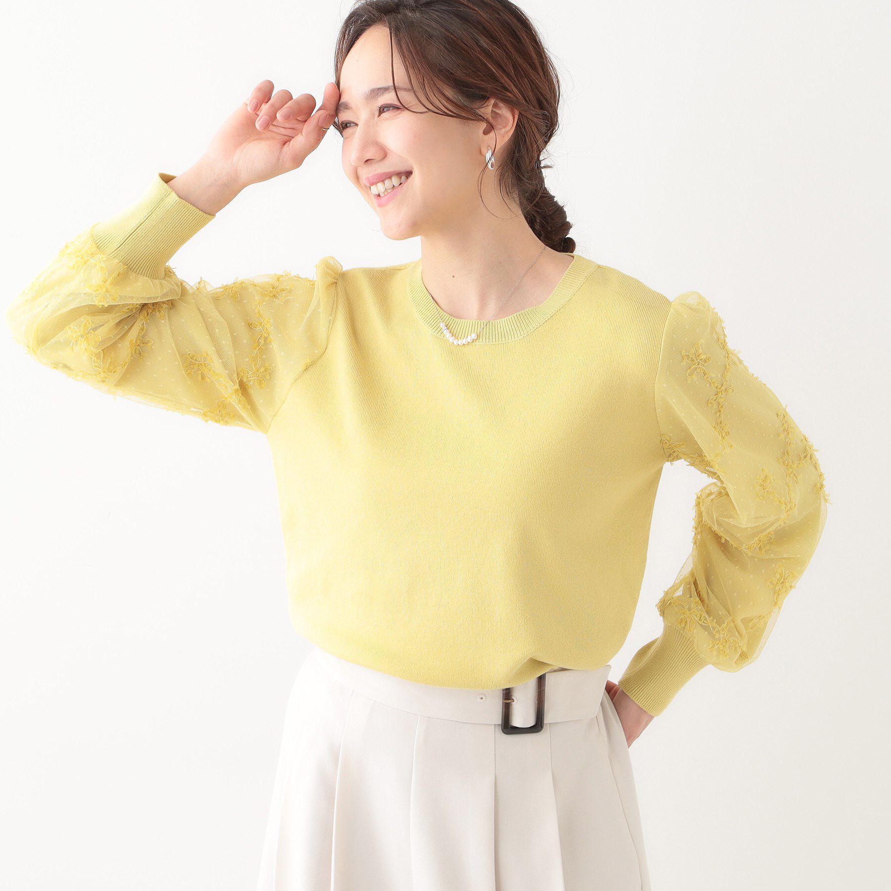 SHOO･LA･RUE「【S-LL】1枚で華やかになる お袖レースドッキングニット」|ニット・セーター|イエロー(031)