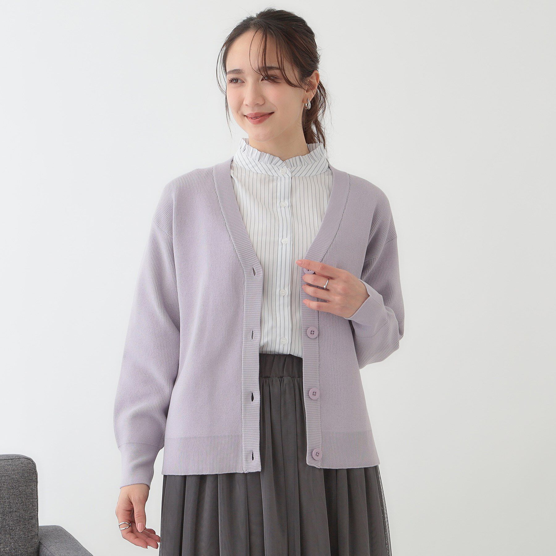 SHOO･LA･RUE「【洗える/S-LL】ドライタッチが心地よい 畦編みVネックカーディガン」|カーディガン|