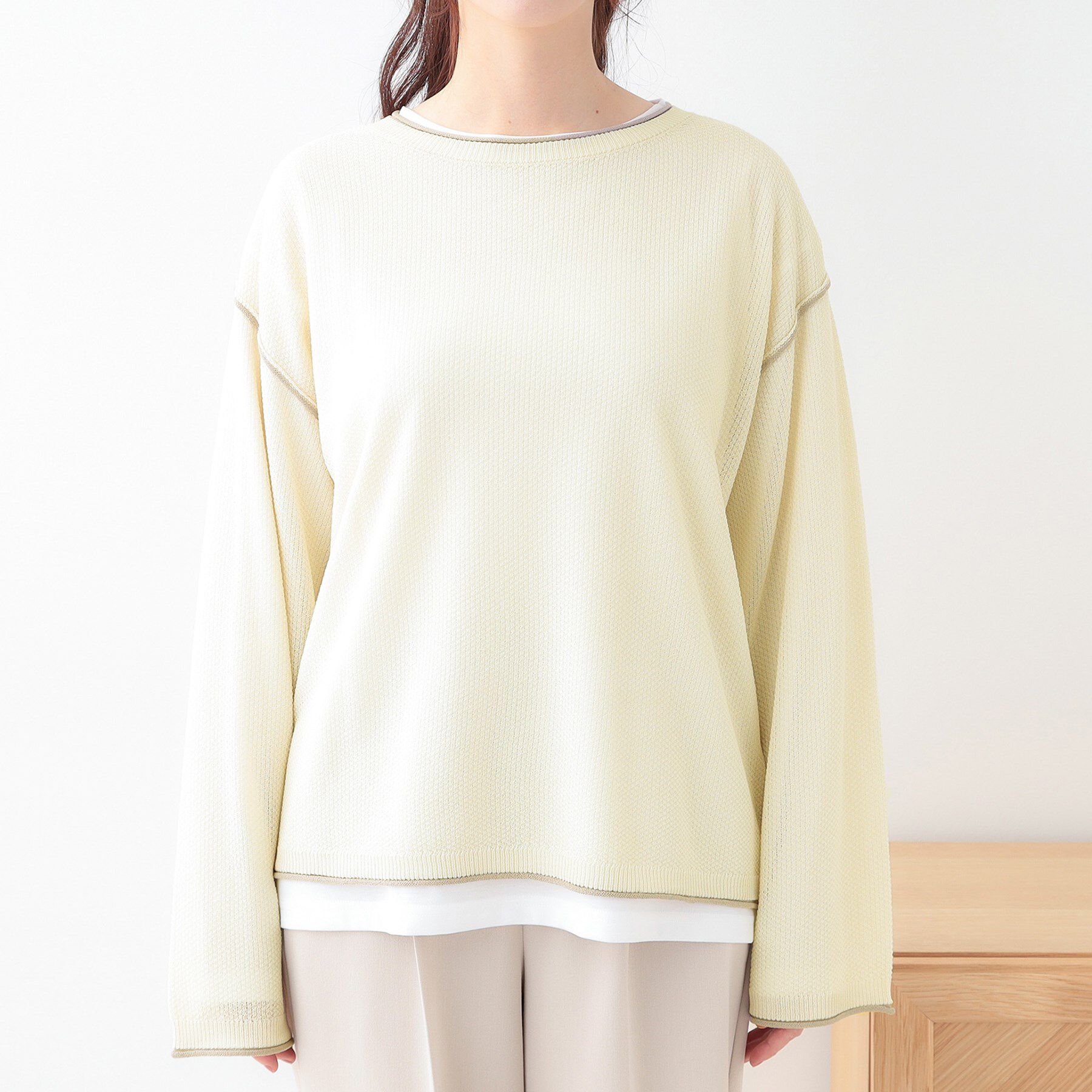 SHOO･LA･RUE「【S-LL/2枚セット】シアー感も楽しめる 光沢カノコ編み配色ニット+ロンT」|ニット・セーター|