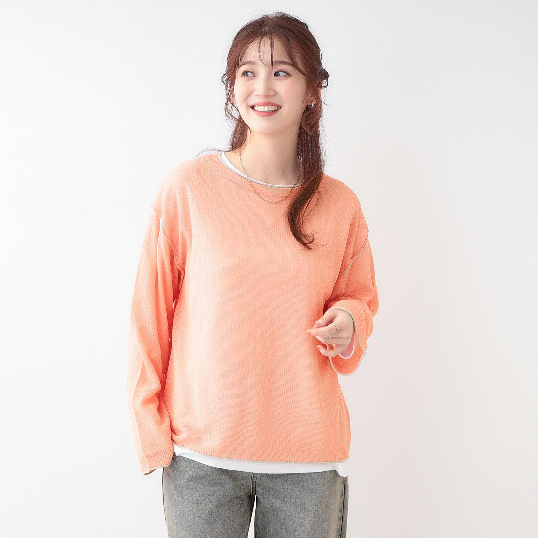 SHOO･LA･RUE「【S-LL/2枚セット】シアー感も楽しめる 光沢カノコ編み配色ニット+ロンT」|ニット・セーター|