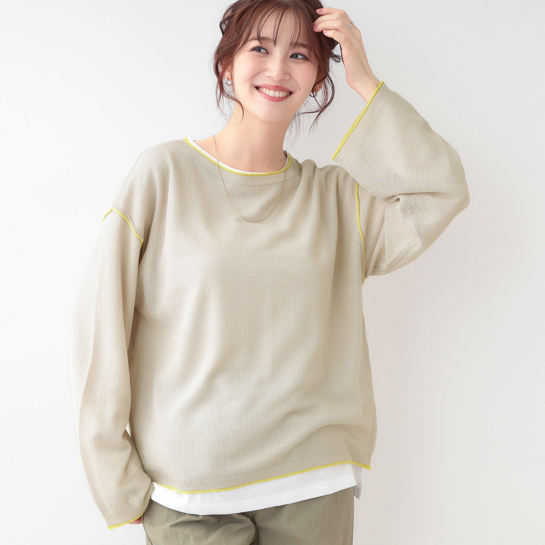 SHOO･LA･RUE「【S-LL/2枚セット】シアー感も楽しめる 光沢カノコ編み配色ニット+ロンT」|ニット・セーター|ライトグレー(511