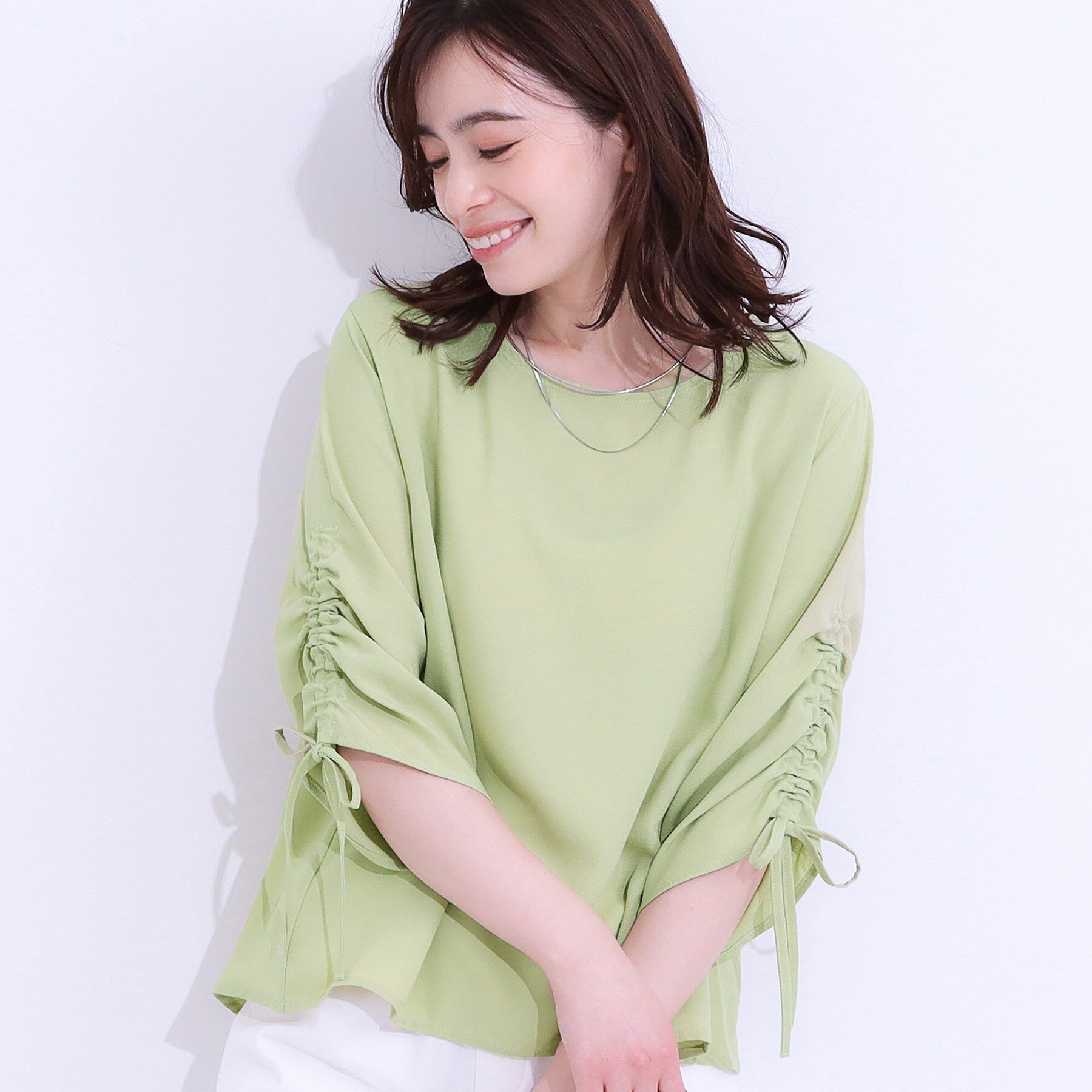 SHOO･LA･RUE「【高レビュー/セットアップ可】お袖シャーリング 麻調ブラウス」|シャツ・ブラウス|イエローグリーン(0