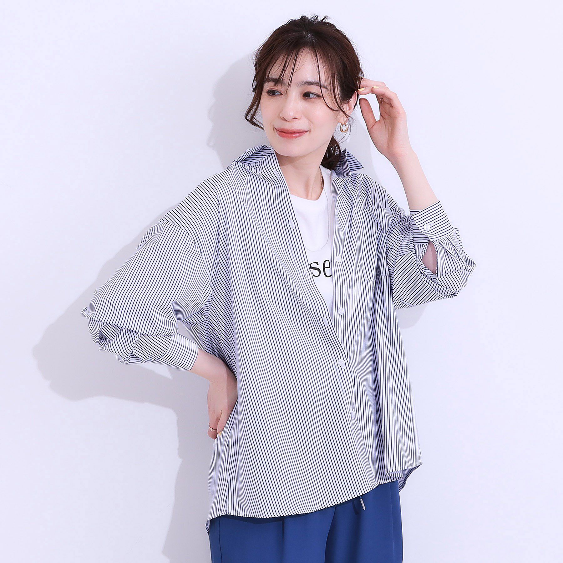 SHOO･LA･RUE「【ひんやり/UV/吸水速乾/洗濯後しわになりにくい】ラッシュガードにもなる ストライプ前開きシャツ」|シャツ・ブラウス|