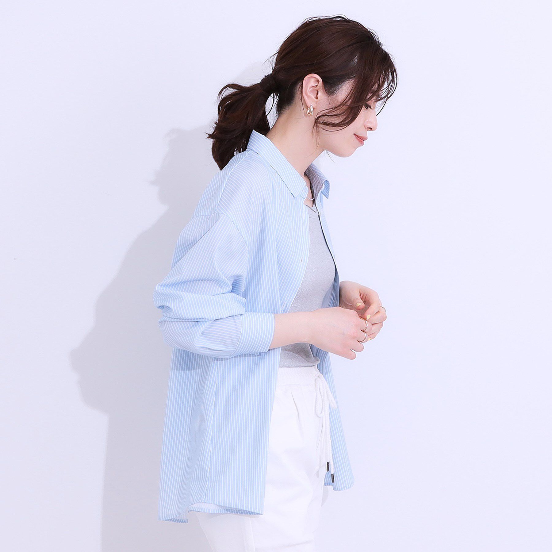 SHOO･LA･RUE「【ひんやり/UV/吸水速乾/洗濯後しわになりにくい】ラッシュガードにもなる ストライプ前開きシャツ」|シャツ・ブラウス|