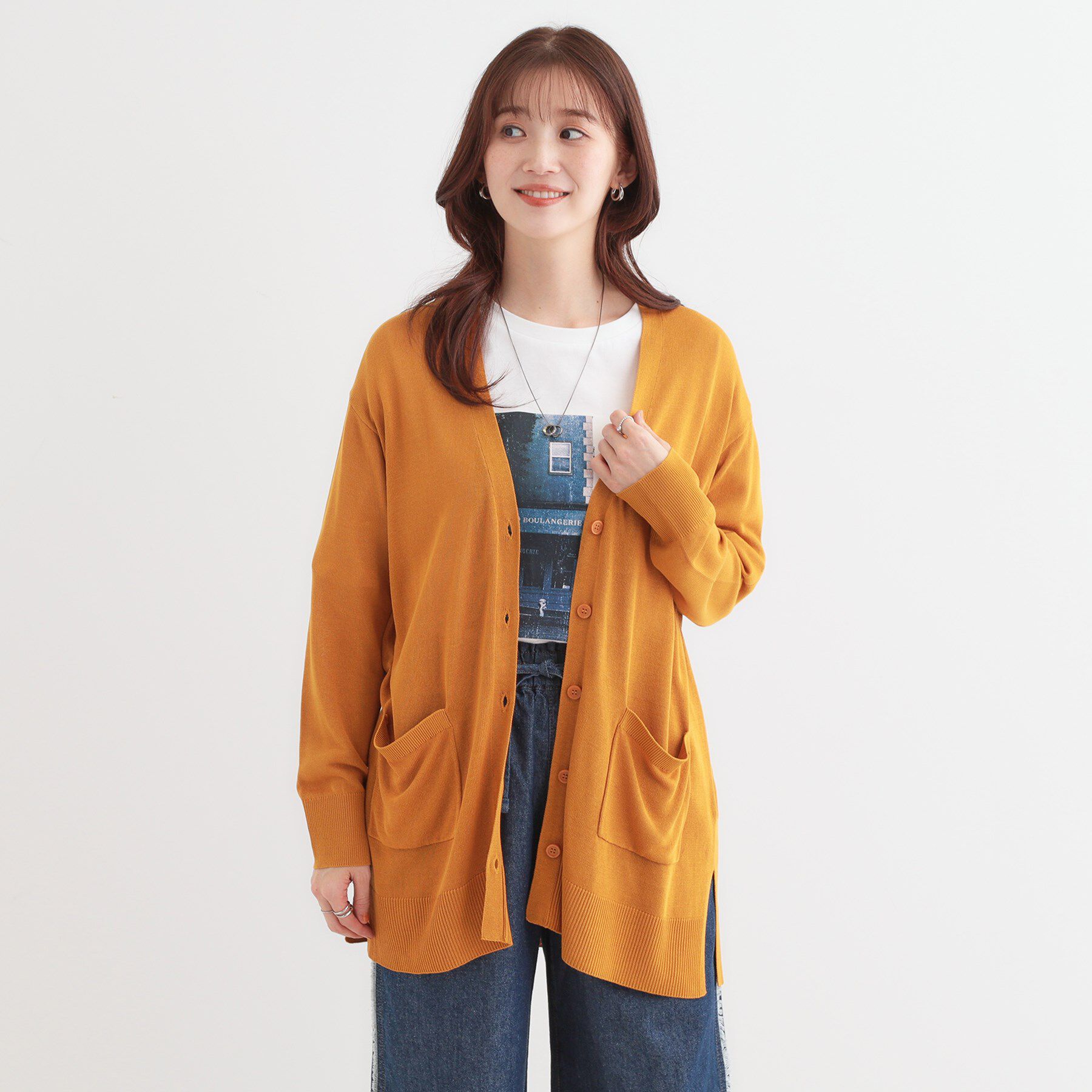 SHOO･LA･RUE「【洗える/UV】さらっと羽織れる ミドル丈Vネックカーディガン」|カーディガン|