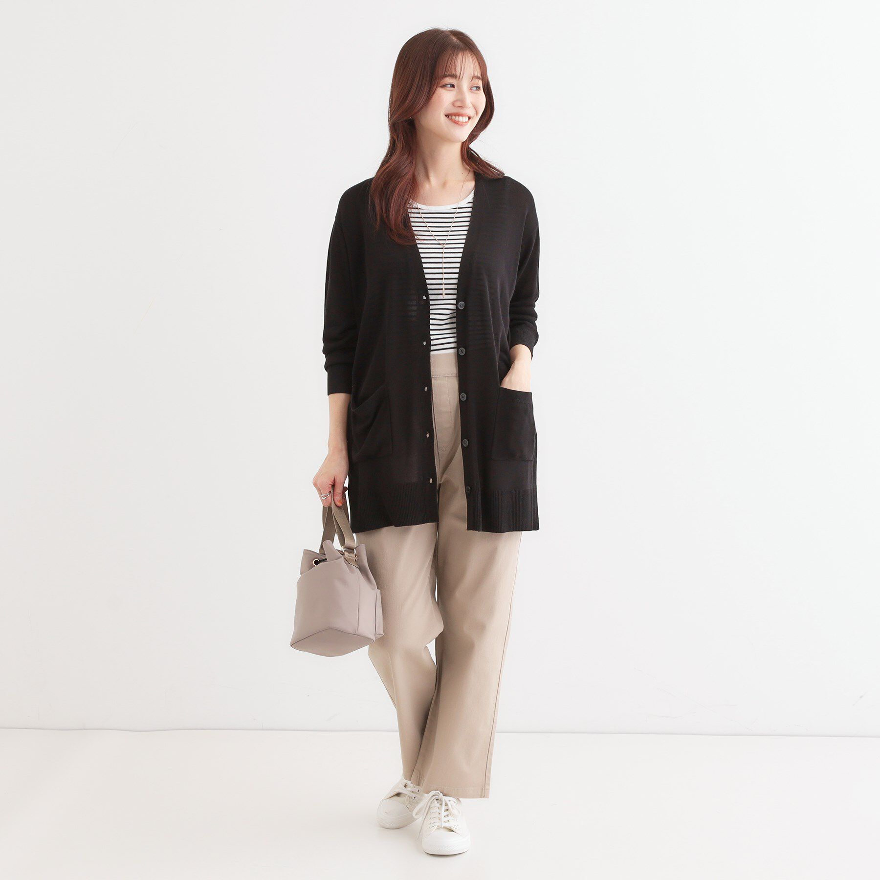 SHOO･LA･RUE「【洗える/UV】さらっと羽織れる ミドル丈Vネックカーディガン」|カーディガン|