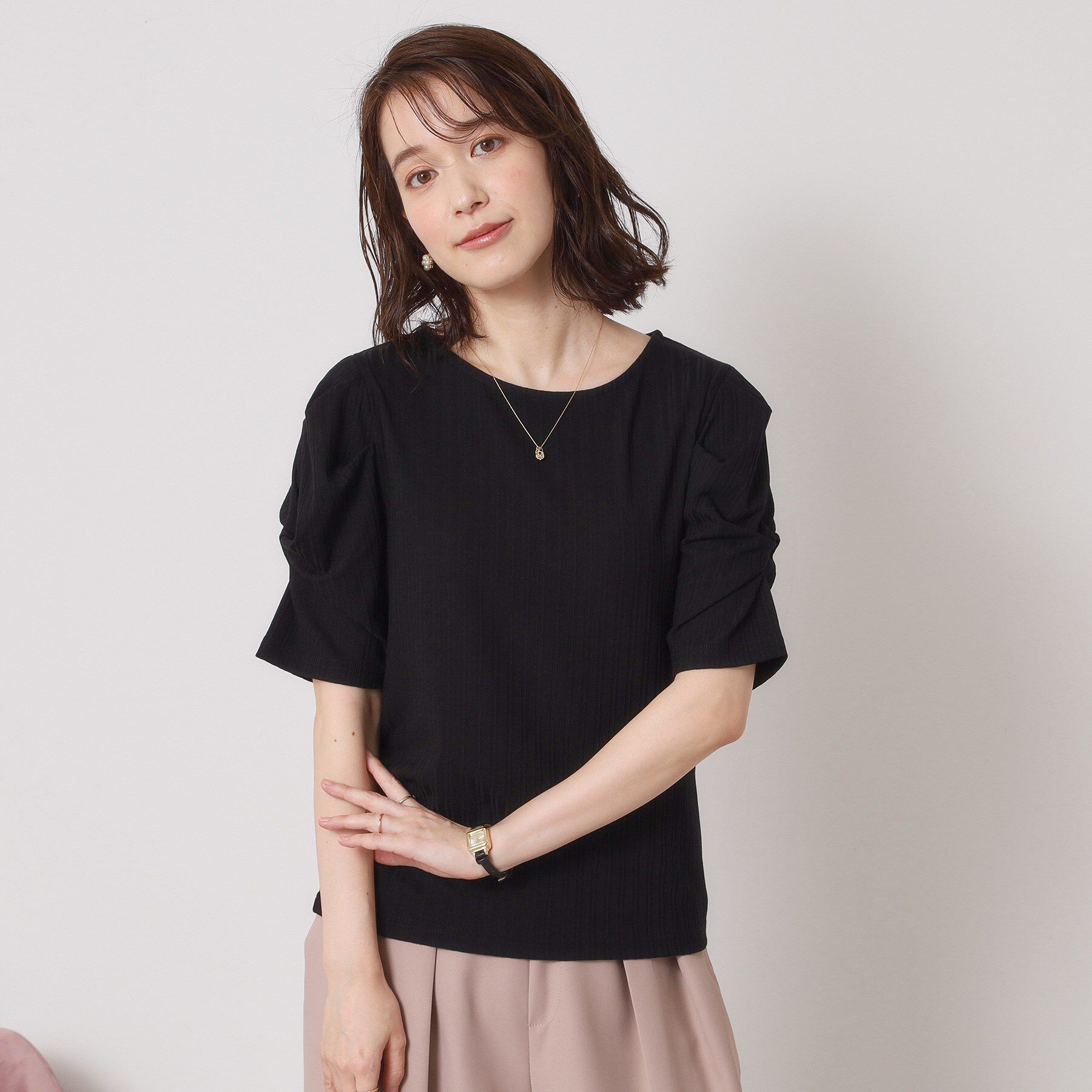 ITS&rsquo;DEMO「【手洗い可】ランダムテレコ袖タックプルオーバー」|Tシャツ・カットソー|ブラック(019)