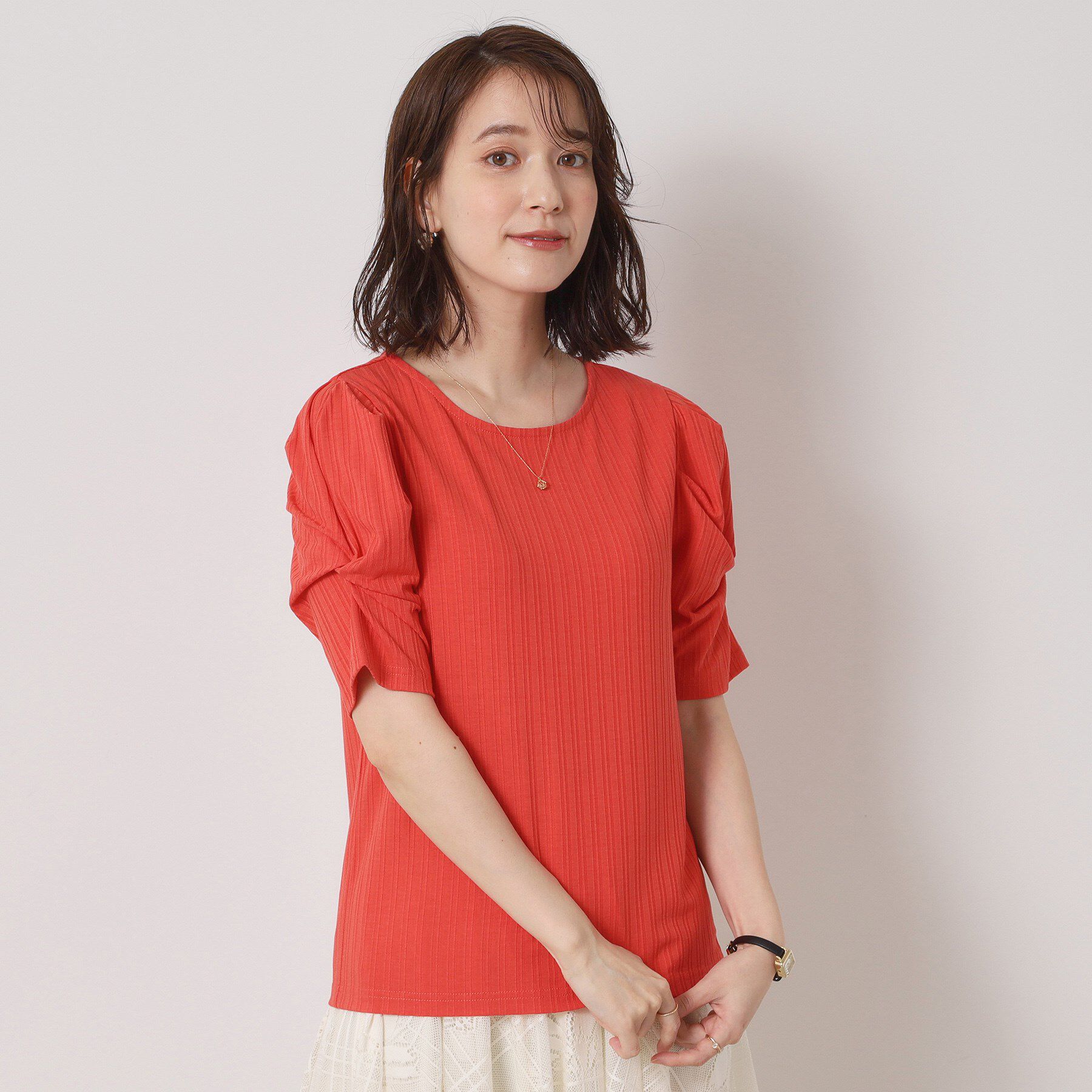 ITS&rsquo;DEMO「【手洗い可】ランダムテレコ袖タックプルオーバー」|Tシャツ・カットソー|レッド(062)