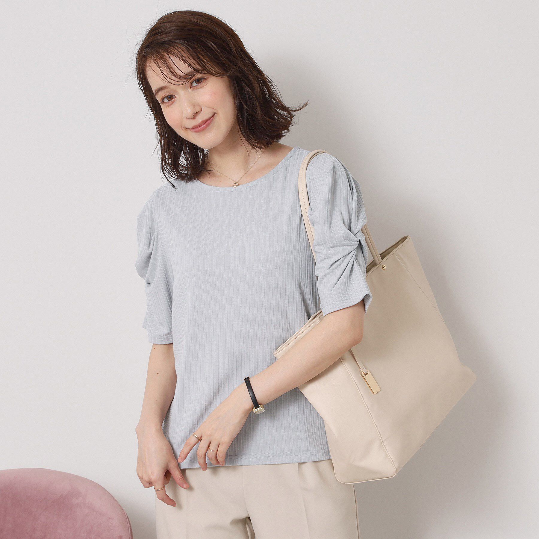 ITS&rsquo;DEMO「【手洗い可】ランダムテレコ袖タックプルオーバー」|Tシャツ・カットソー|サックスブルー(09