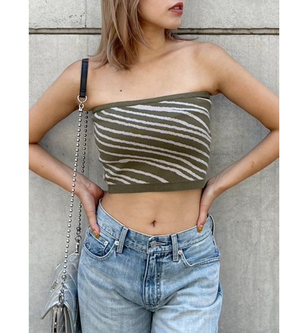 EVRIS「ジオメトリックニットベアトップ【セットアップ着用可能】」|チューブトップ|カーキ