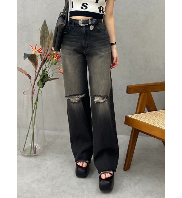 EVRIS「ダメージワイドヴィンテージライクデニムパンツ」|デニム|ブラック