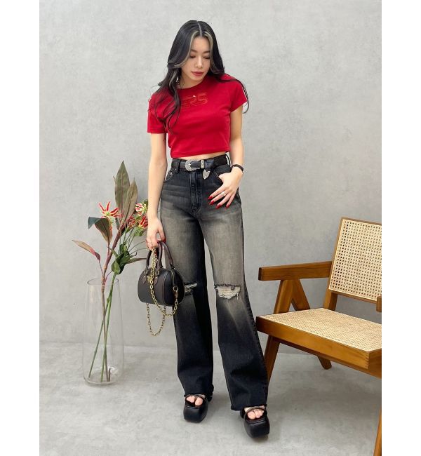 EVRIS「ダメージワイドヴィンテージライクデニムパンツ」|デニム|