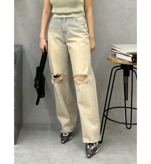 EVRIS「ダメージワイドヴィンテージライクデニムパンツ」|デニム|ベージュ