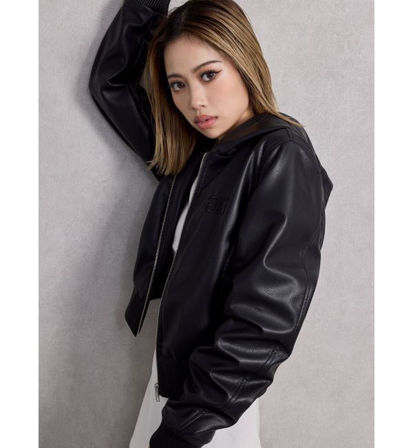 GYDA「フーディーフェイクレザーコート」|ブルゾン・スタジャン|ブラック