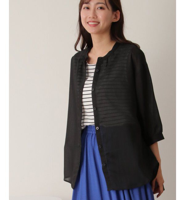 ikka「シアーストライプバンドカラーシャツ」|シャツ・ブラウス|ブラック