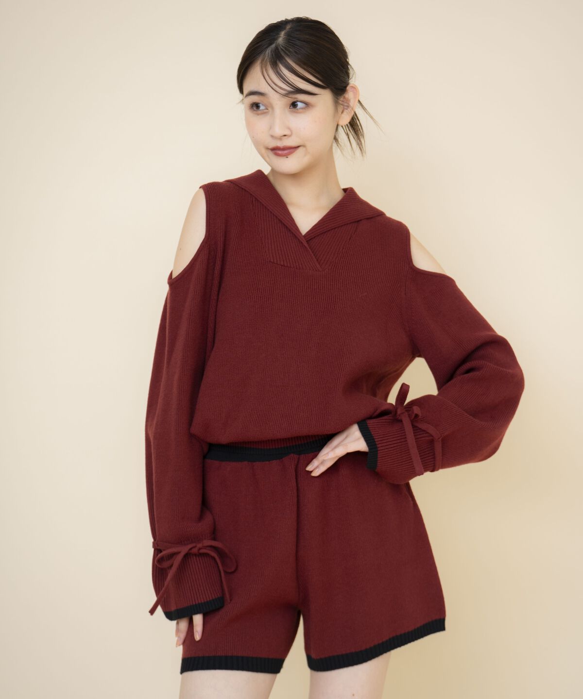 REDYAZEL「セーラーカラートップス&ショートパンツニットセットアップ」|ワンピース|ボルドー