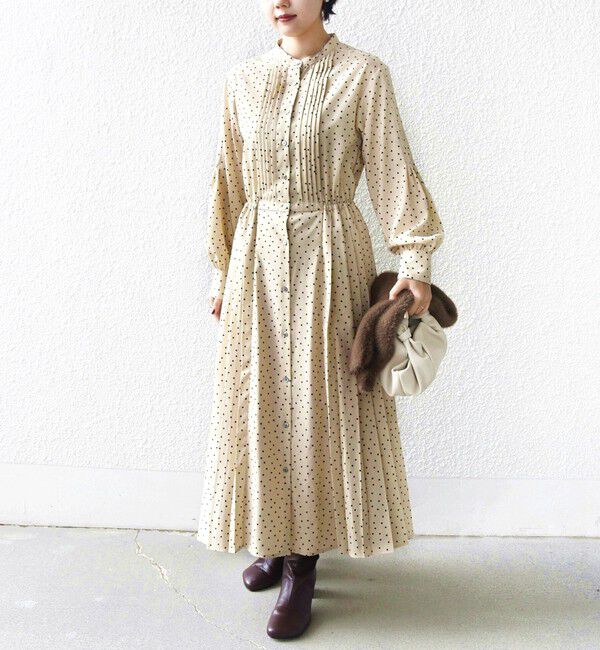 SHIPS for women「【WEB限定】〈手洗い可能〉ドット / 花柄 バンドカラー サイド プリーツ ワンピース」|ワンピース|