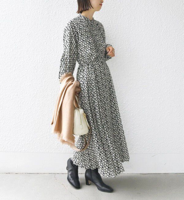 SHIPS for women「【WEB限定】〈手洗い可能〉ドット / 花柄 バンドカラー サイド プリーツ ワンピース」|ワンピース|ブラック系