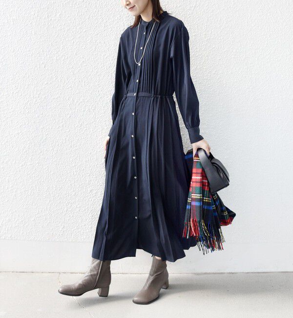 SHIPS for women「【WEB限定】〈手洗い可能〉ドット / 花柄 バンドカラー サイド プリーツ ワンピース」|ワンピース|