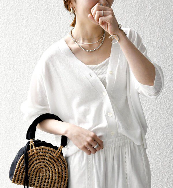 SHIPS any「SHIPS any:〈手洗い可能〉リネン ミックス Vネック ショート シアー カーディガン」|カーディガン|