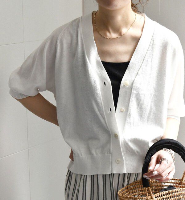 SHIPS any「SHIPS any:〈手洗い可能〉リネン ミックス Vネック ショート シアー カーディガン」|カーディガン|
