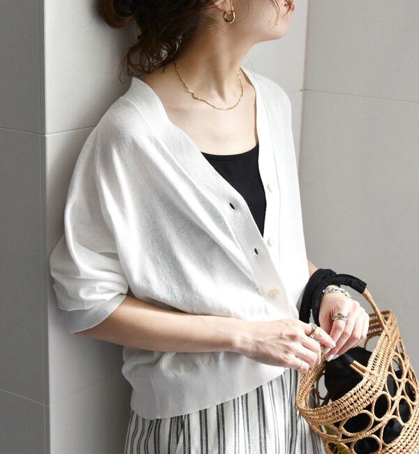 SHIPS any「SHIPS any:〈手洗い可能〉リネン ミックス Vネック ショート シアー カーディガン」|カーディガン|