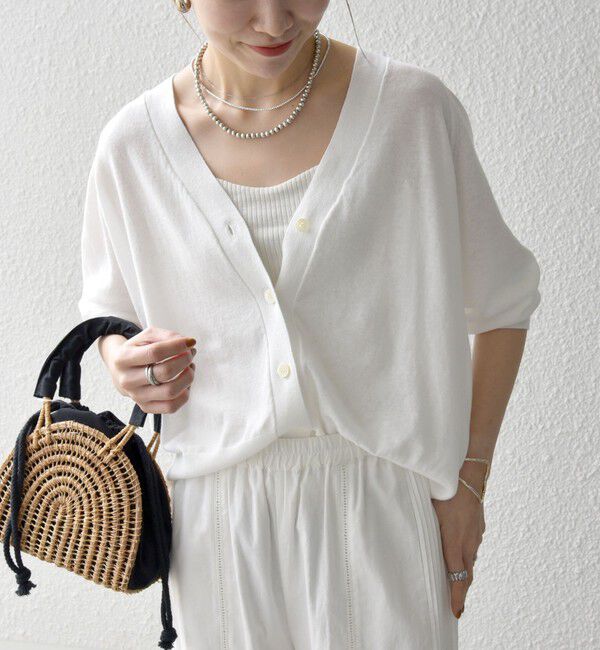 SHIPS any「SHIPS any:〈手洗い可能〉リネン ミックス Vネック ショート シアー カーディガン」|カーディガン|