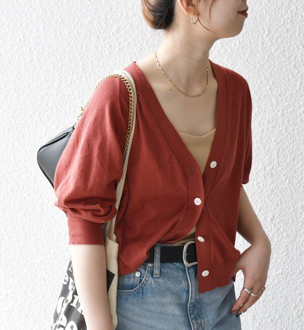 SHIPS any「SHIPS any:〈手洗い可能〉リネン ミックス Vネック ショート シアー カーディガン」|カーディガン|
