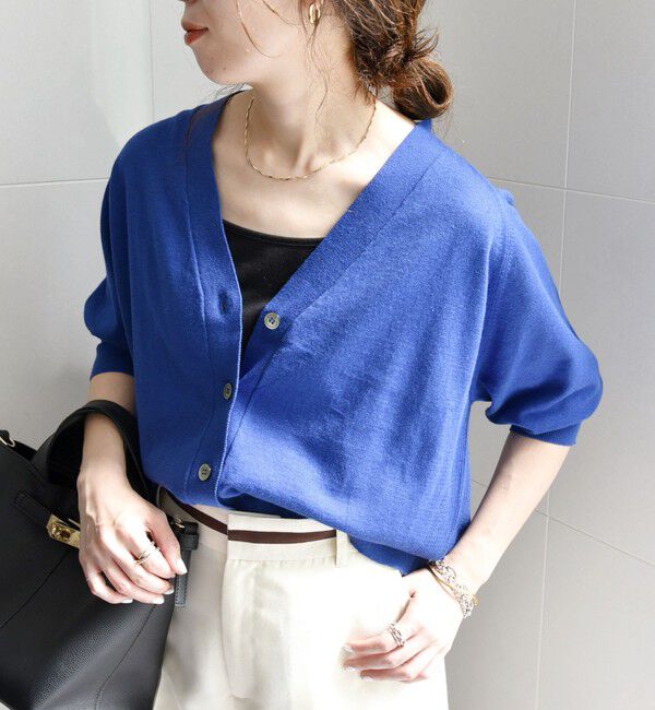 SHIPS any「SHIPS any:〈手洗い可能〉リネン ミックス Vネック ショート シアー カーディガン」|カーディガン|ブルー