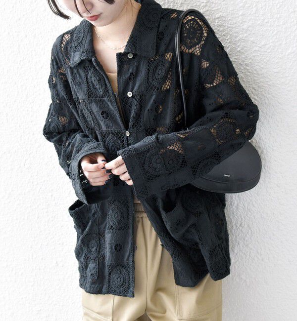 SHIPS any「SHIPS any:〈手洗い可能〉パッチワーク レース ジャケット シャツ」|その他|ブラック