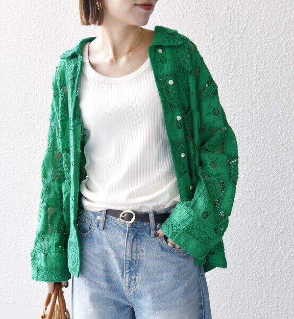 SHIPS any「SHIPS any:〈手洗い可能〉パッチワーク レース ジャケット シャツ」|その他|グリーン
