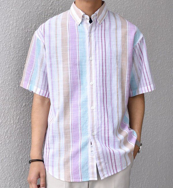 SHIPS any「SHIPS any: BEZ TEXTILE マルチカラー ストライプ/ソリッド ボタンダウン ショートスリーブ シャツ◇」|シャツ・ブラウス|