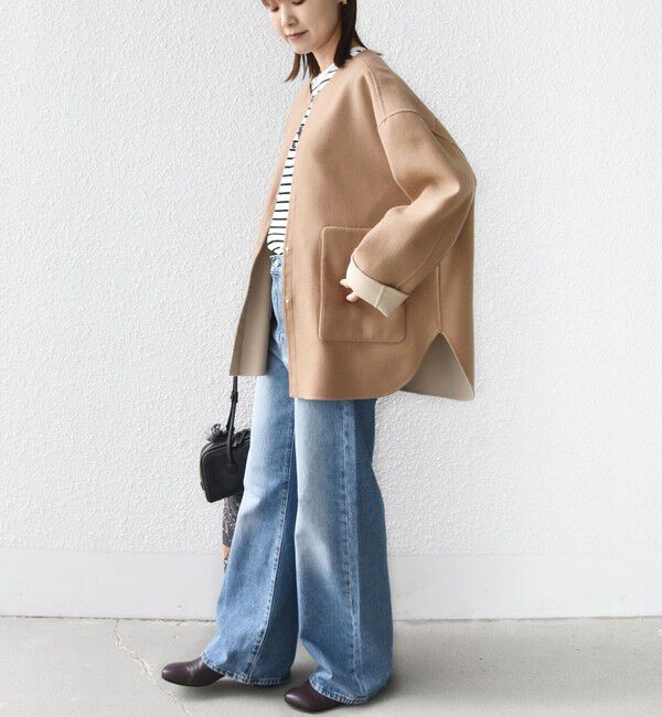 SHIPS for women「セミ 梳毛 配色 リバー ノーカラー コート」|ノーカラーコート|