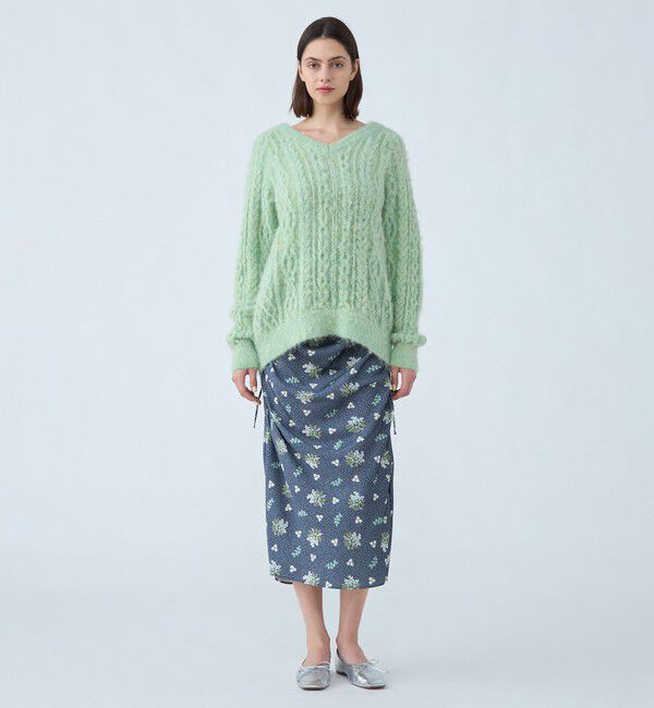 SOULEIADO「ポリエステルサテンプリント サイドシャーリングスカート」|タイト|