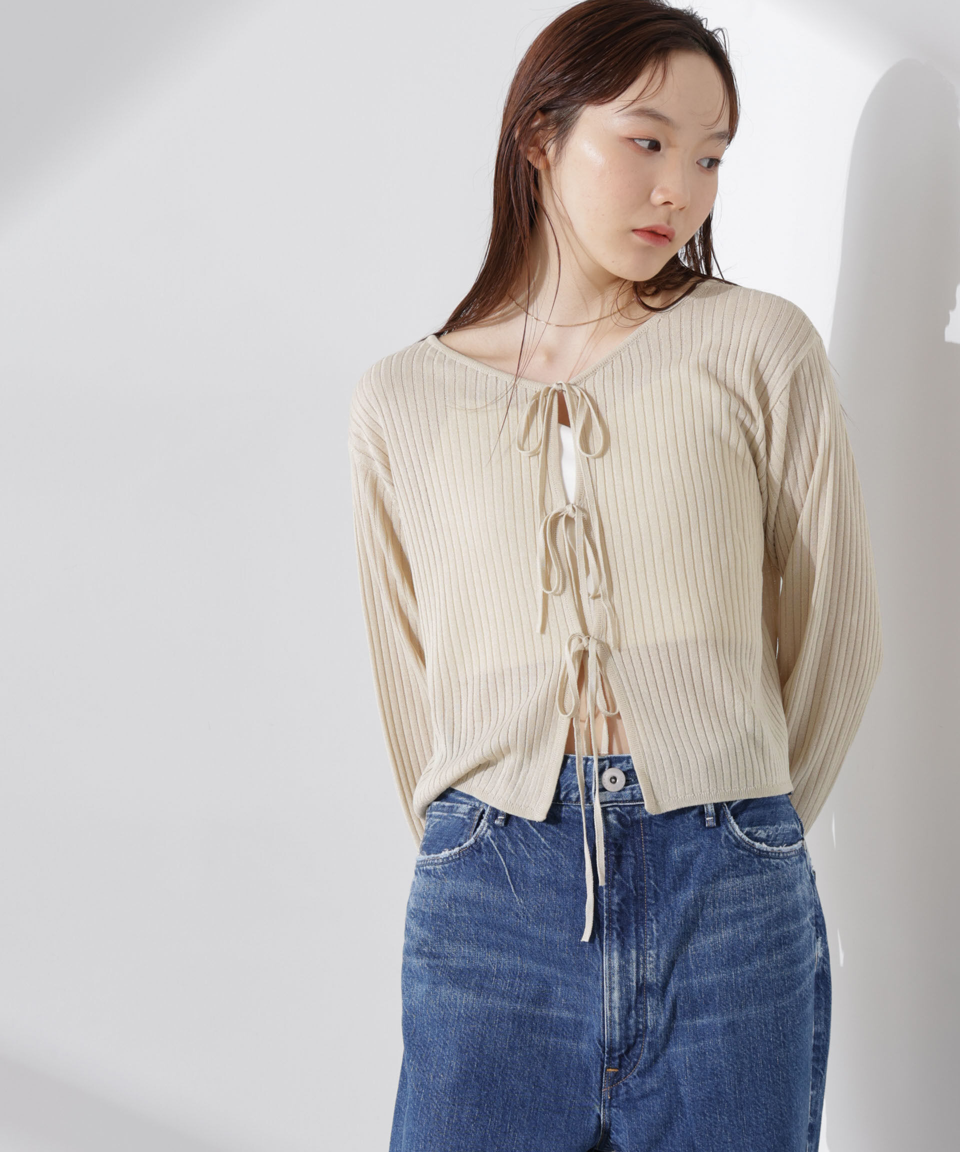 nano･universe「前後2wayリボン開きカーディガン」|ニット・セーター|ベージュ