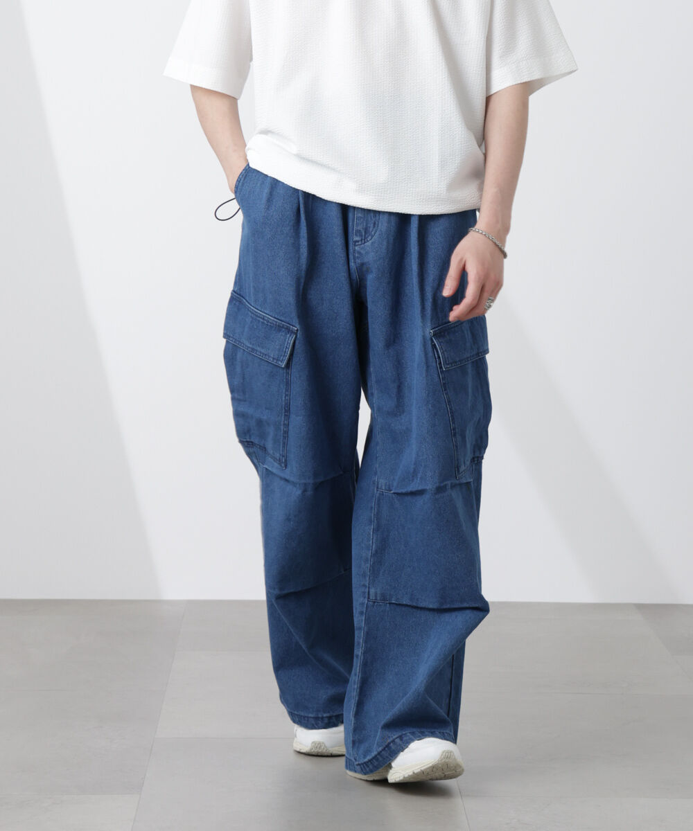 nano･universe「ビッグポケットデニムワイドカーゴパンツ」|チノ|ブルー