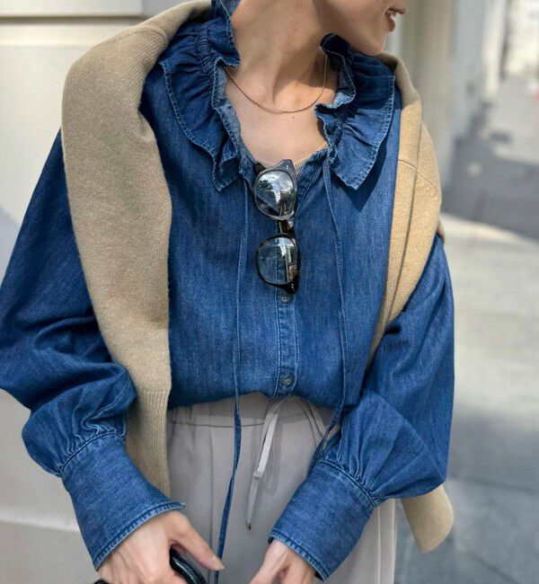 Rie Miller「【RM denim】フリルギャザーデニムブラウス」|シャツ・ブラウス|