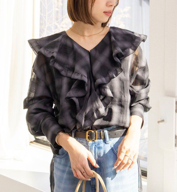 NOLLEY'S「ウォッシャブルラッフルカラーブラウス」|シャツ・ブラウス|ブラック・グレー系1