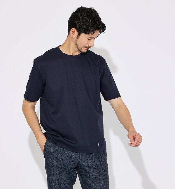 ABAHOUSE「【コットンシルケット】ポンチ クルーネック Tシャツ」|Tシャツ・カットソー|ダークネイビー