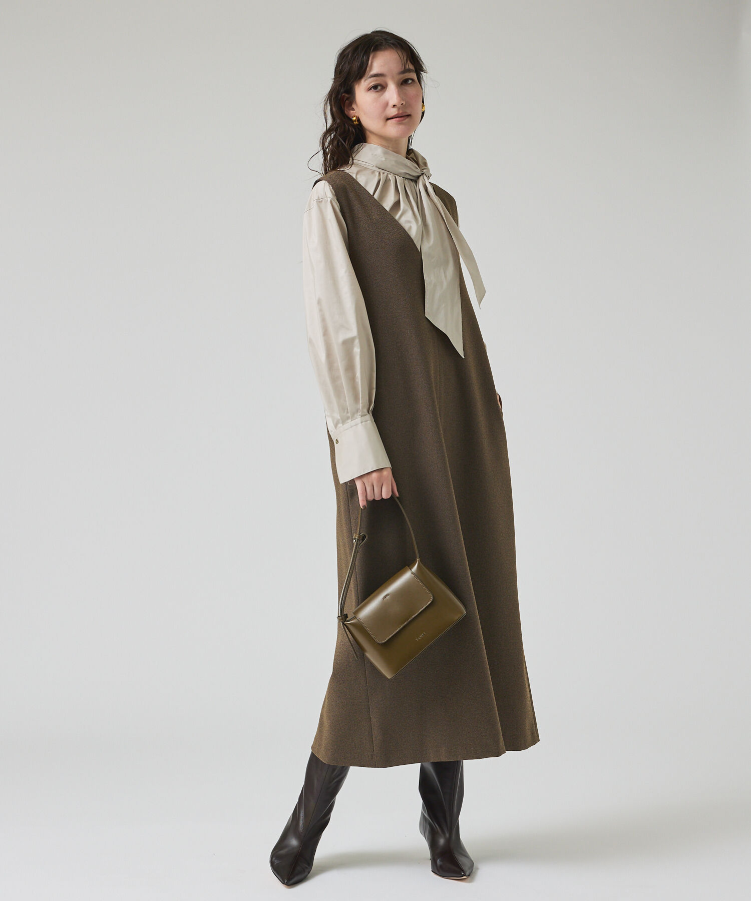 qualite「ツイーディジャンパーワンピース」|ワンピース|カーキ