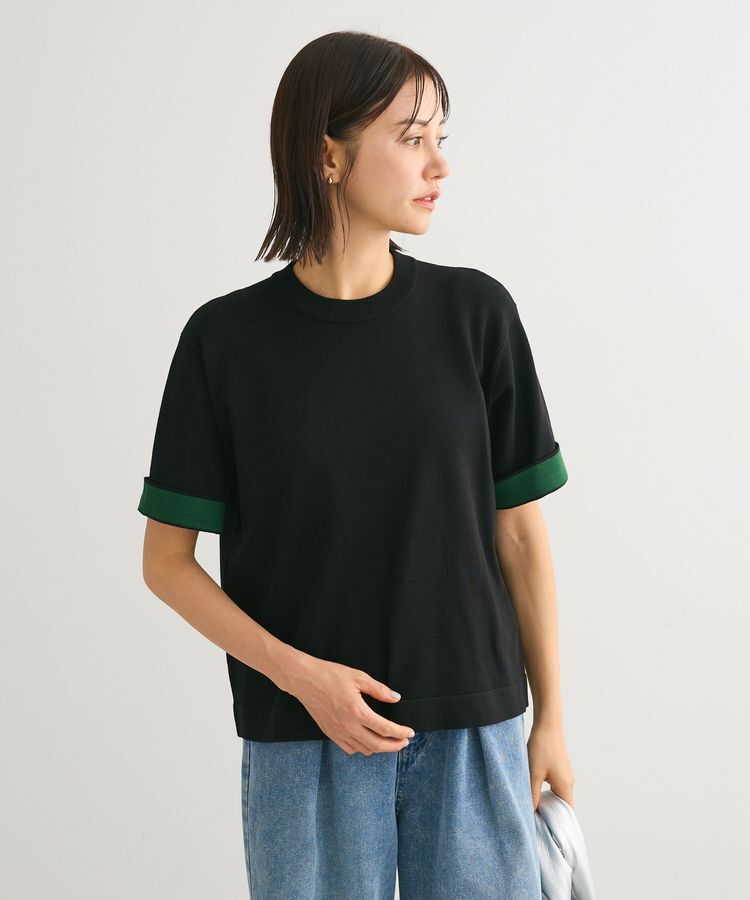 Green Parks「袖裏配色5分袖ニットプルオーバー」|ニット・セーター|Black
