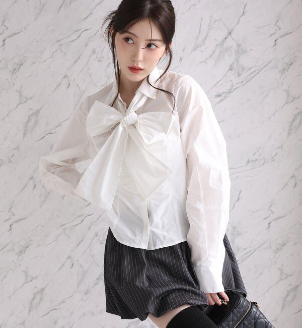  「【リボン取り外し可能】フロントギャザーボウタイシャツ」|シャツ・ブラウス|