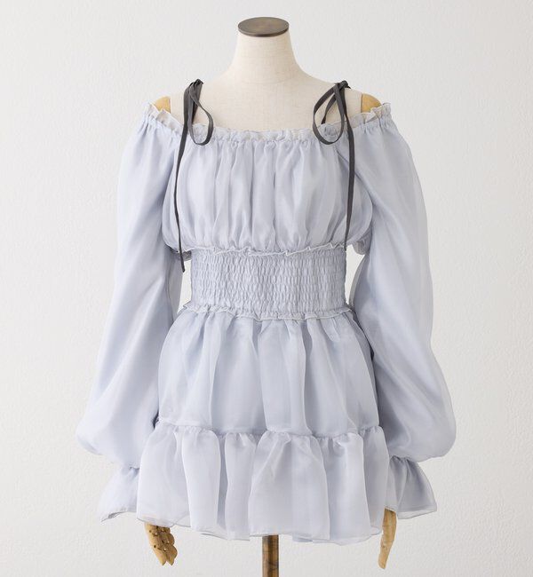  「シアー肩リボンチュニック」|シャツ・ブラウス|サックスブルー