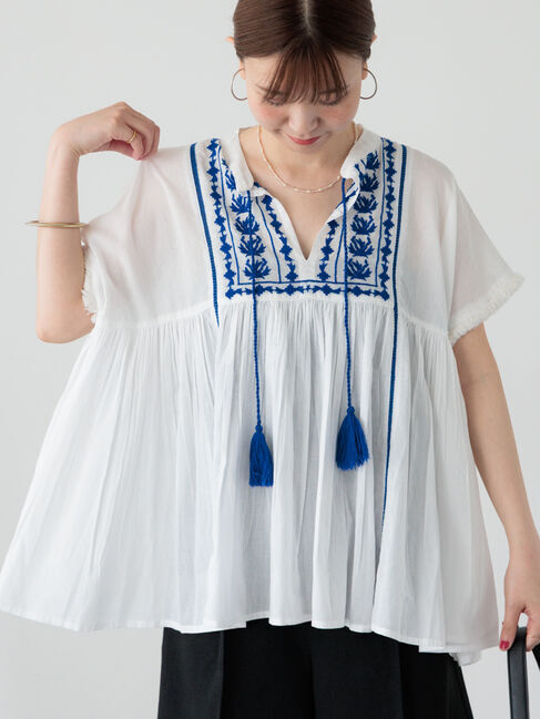 Lugnoncure「【INDIA made】タッセル付き刺繍ブラウス」|シャツ・ブラウス|ブルー