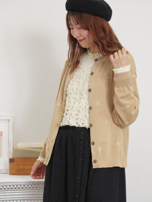 Samansa Mos2「リボン刺繍カーディガン」|カーディガン|ベージュ