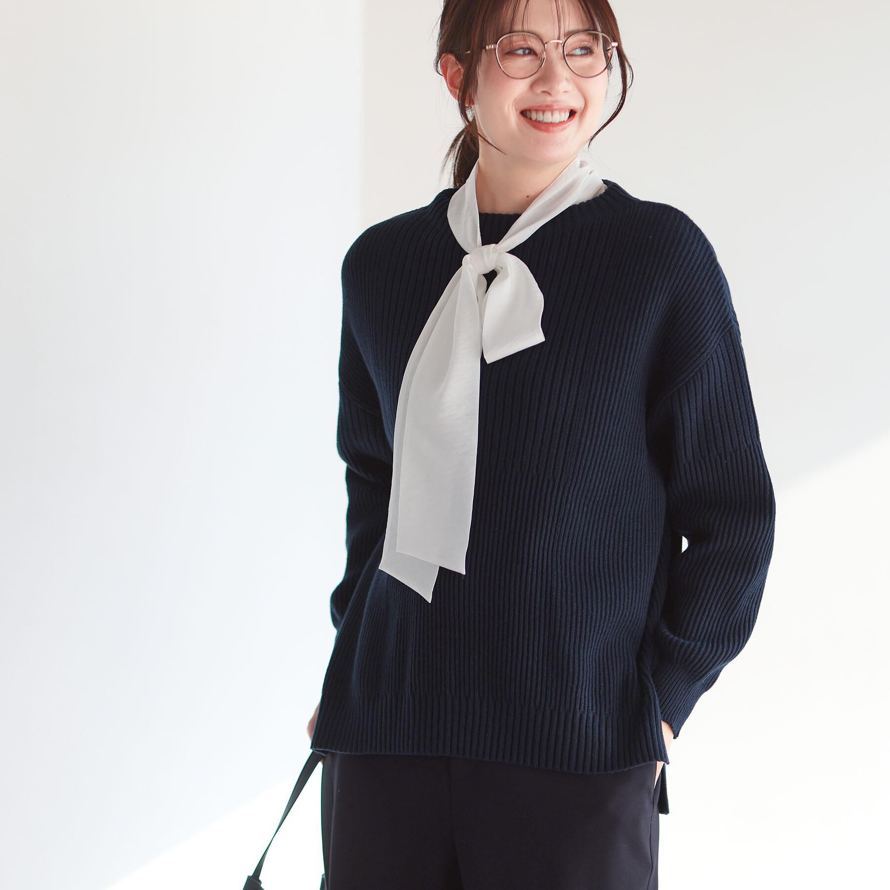 Reflect「【腰回りカバー／長め丈】モックネックニットプルオーバー」|ニット・セーター|ネイビー(094)