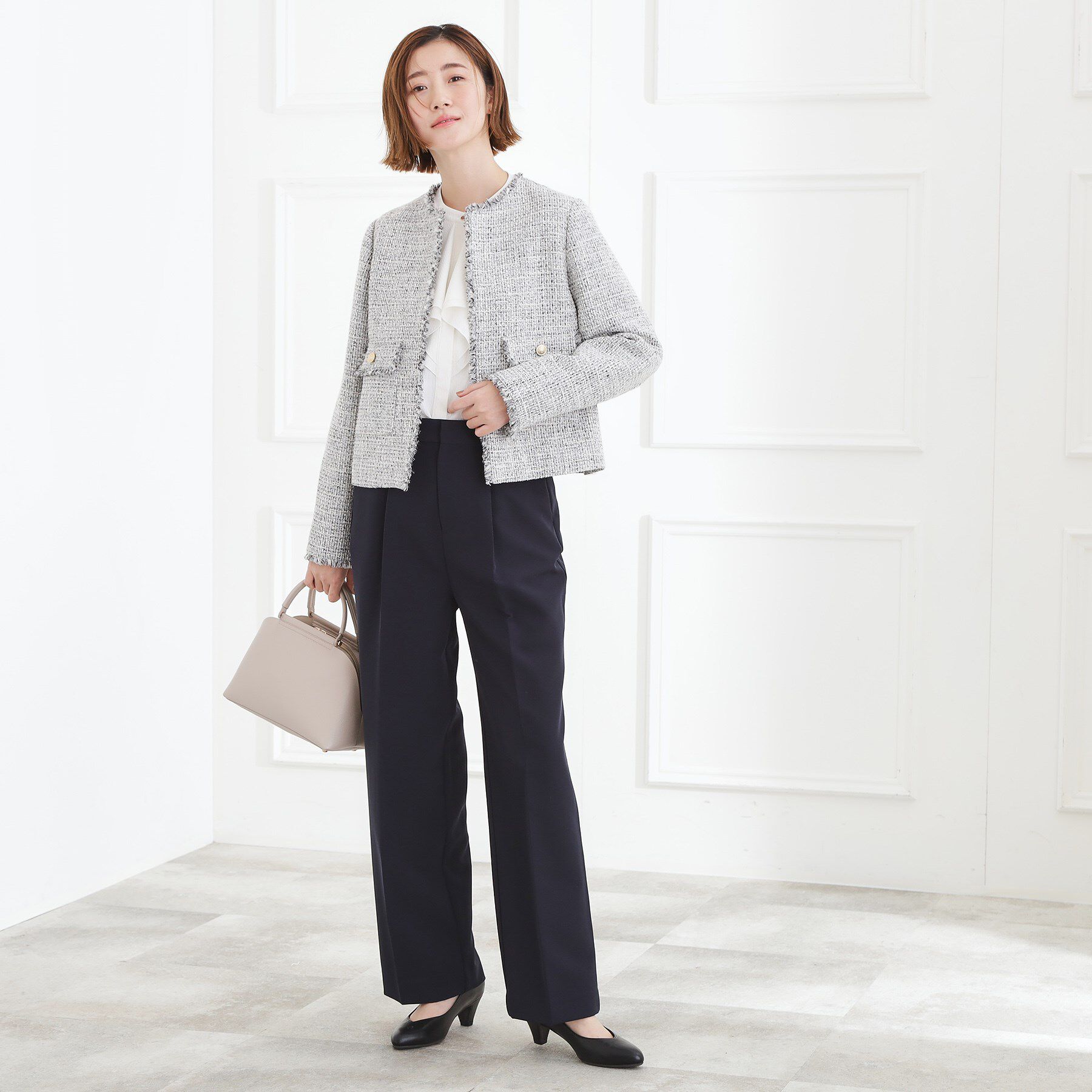 grove「ショートツイードジャケット」|ノーカラージャケット|