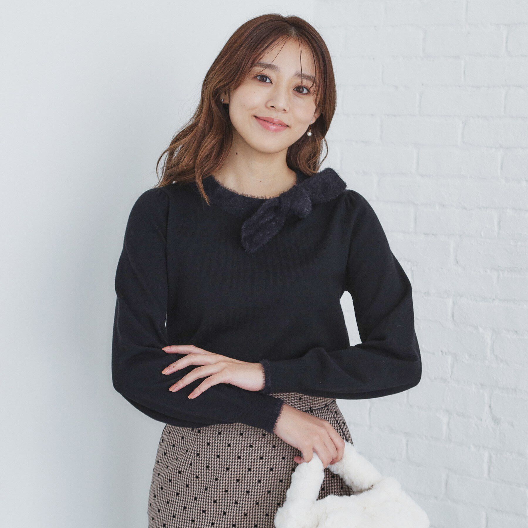 index「《6color/XS-LLsize》リボン取り外し2WAY フェザーリボンニット【洗濯機洗い可】」|ニット・セーター|ブラック(819)